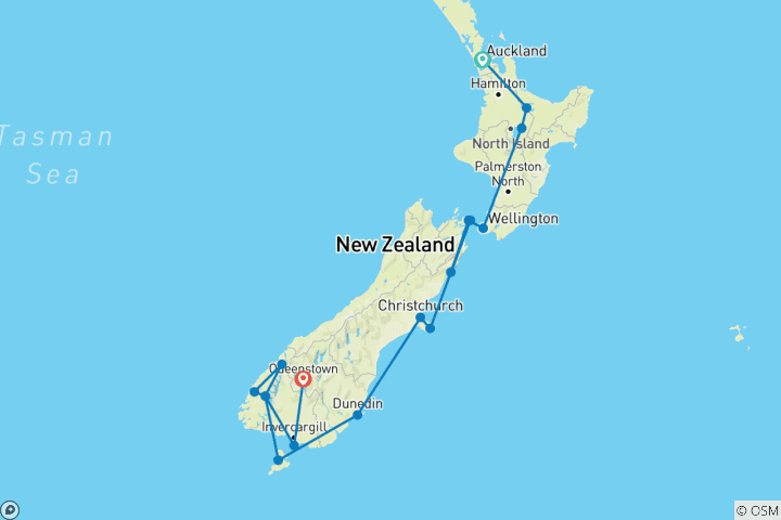 Kaart van Nieuw-Zeelandse kustreis met geothermische wonderen en zuidelijke bergtoppen Auckland → Queenstown (2026)