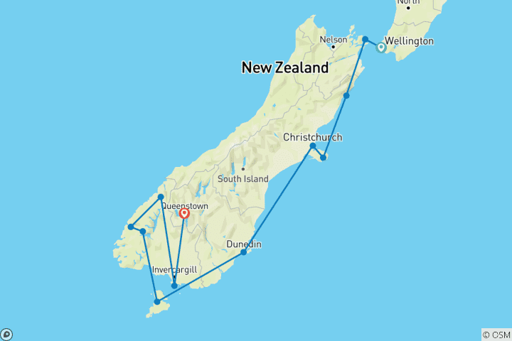 Map of New Zealand Coastal Expedition with Queenstown Escape Wellington → Queenstown (2027)