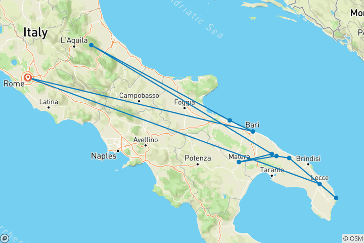 Kaart van Italië: Rome, Bari, Trani, Castel del Monte, Alberobello, Matera, Locorotondo, Ostuni, Otranto, Lecce - 9 dagen