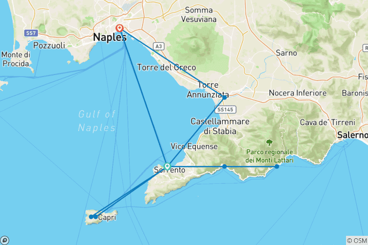 Map of 5 days Tour of the Beautiful Costiera
