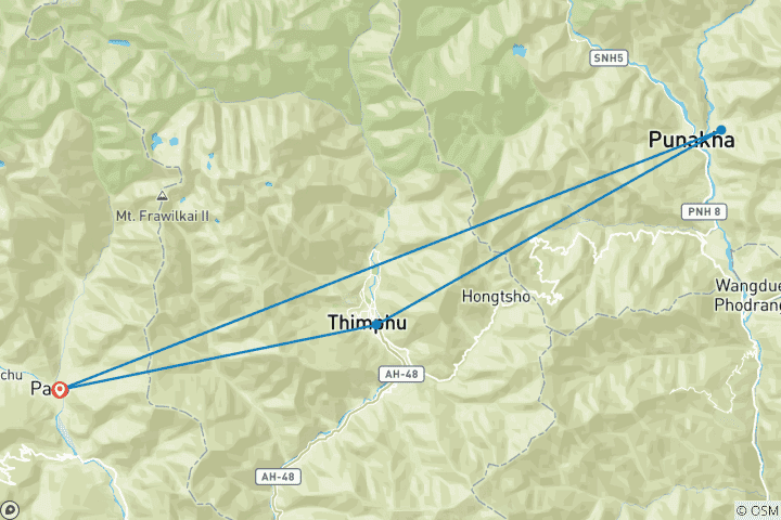 Karte von 8 Tage Goldene Bhutan Reise (privater Reiseleiter und Fahrer） - Anpassbar