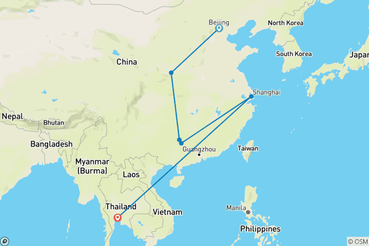 Map of 13 Days China Bangkok Cultural Discovery(China Visa Free) (private guide and driver）Family Tour  - Customizable