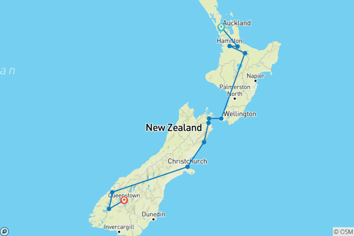 Carte du circuit Trésors de la Nouvelle-Zélande : Patrimoine, vignes et panoramas
