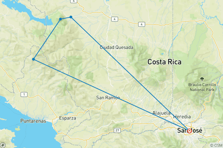 Map of Private 7 Days Costa Rica Rainforest Vacation Tour, Daily Start & Exclusive Guide