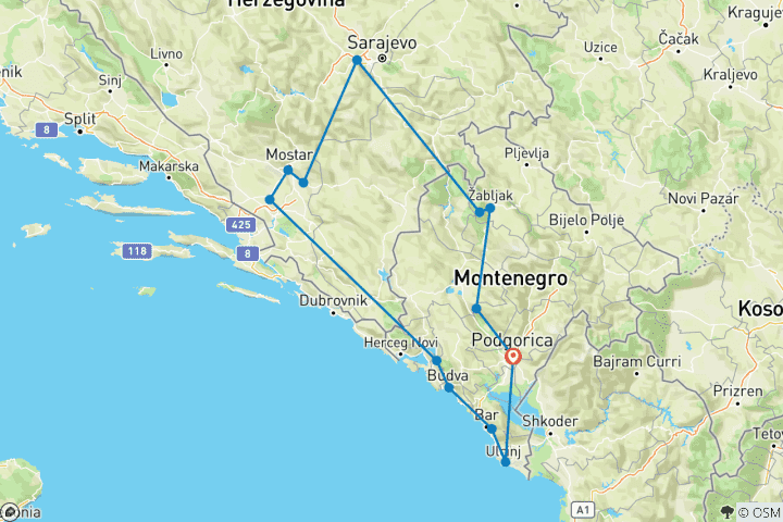 Map of 7-Day Montenegro & Bosnia Discovery Tour