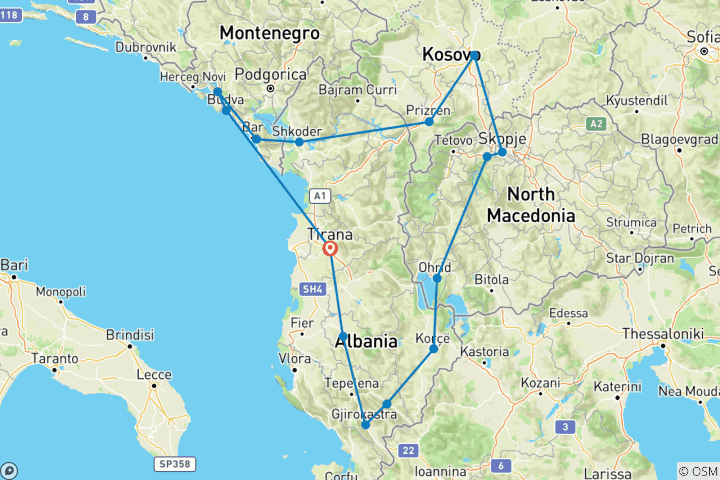 Kaart van 4-Landenreis Balkan: 8-daagse rondreis
