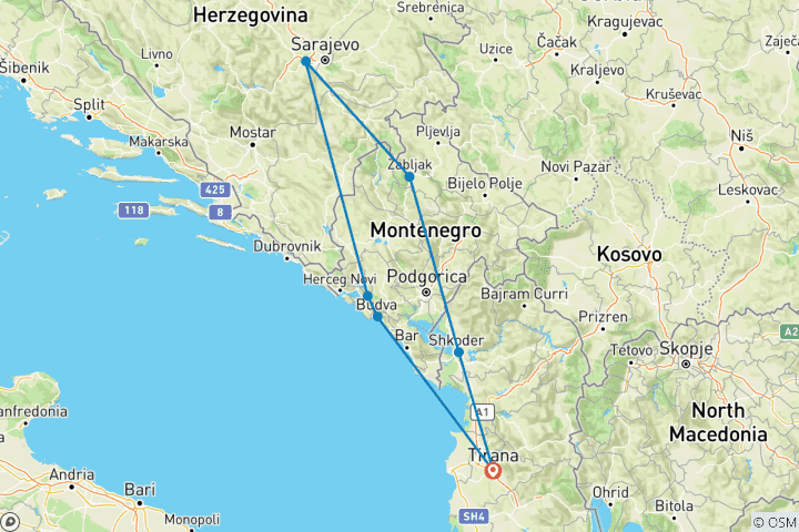 Carte du circuit Bosnie, Monténégro et Albanie : Des sommets à l'histoire en 4 jours