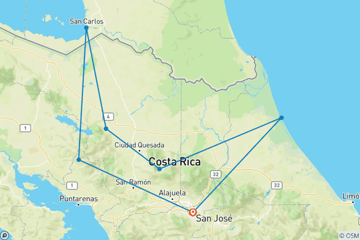 Map of Tortuguero, Volcanoes & Cloud Forest Deluxe