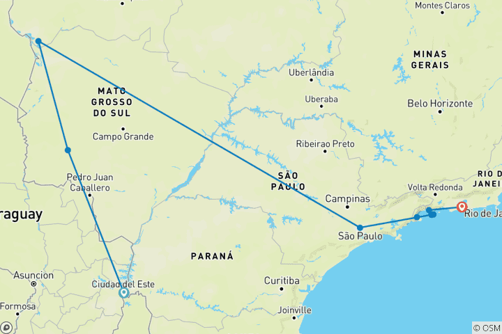 Map of Pantanal and Beaches - Iguazu Falls to Rio Adventure (20 Days)