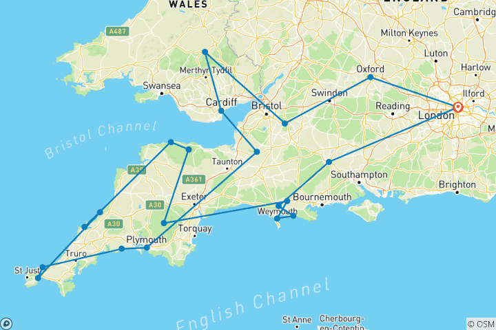 Carte du circuit Les routes de campagne du Pays de Galles, du Devon et des Cornouailles (classique, 11 jours) (21 destinations)