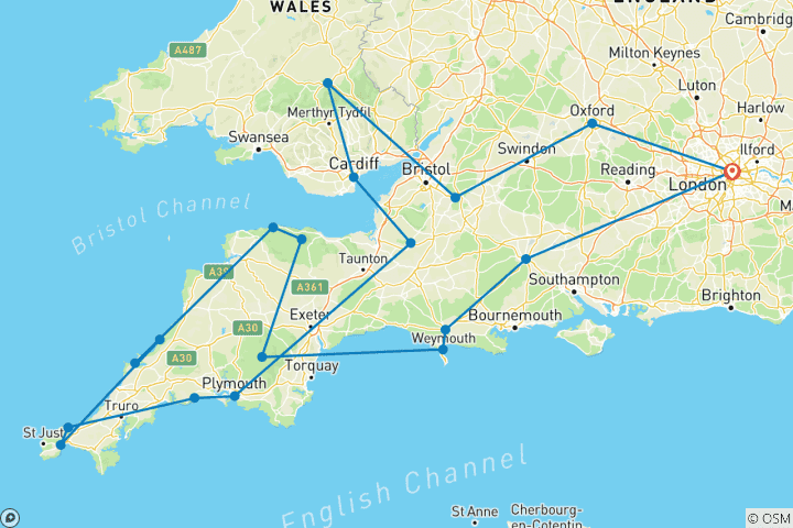 Carte du circuit Les routes de campagne du Pays de Galles, du Devon et des Cornouailles (classique, 13 jours) (19 destinations)