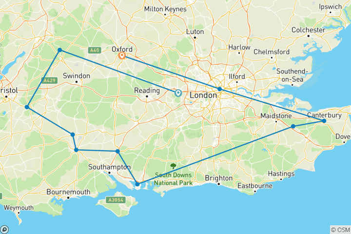 Carte du circuit Les joyaux du sud de l'Angleterre - 8 jours/7 nuits (from Windsor to Oxford)