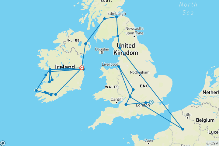 Mapa de Prueba a Gran Bretaña e Irlanda - 14 días /13 noches