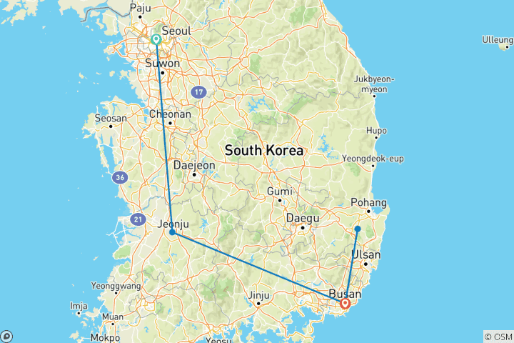 Mapa de Aventura de 8 días en Corea del Sur: De Seúl a Busan (guía y conductor privados）Family Tour - Personalizable