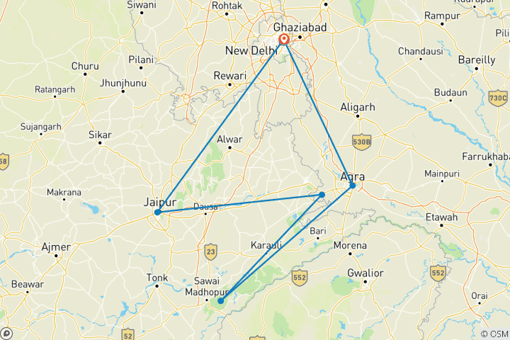 Carte du circuit Au départ de Delhi : Triangle d'Or privé avec Ranthambore Wildlife Safari 4 étoiles de luxe