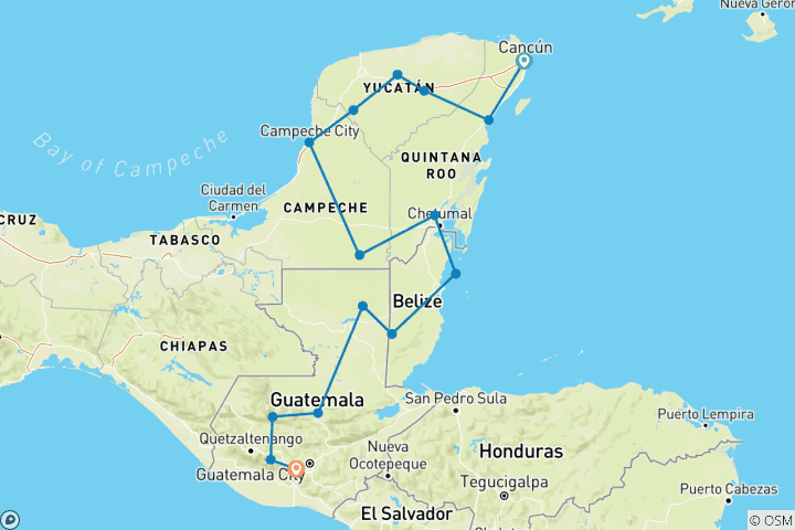 Carte du circuit Mexique, Belize & Guatemala - 22 jours A la découverte des derniers secrets mayas