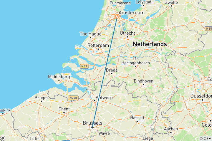 Carte du circuit 5 jours à Bruxelles et Amsterdam : Explorez le cœur de l'Europe