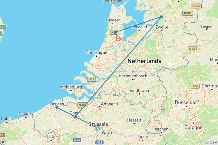Carte du circuit 5 jours à Bruxelles et Amsterdam : Explorez le cœur de l'Europe