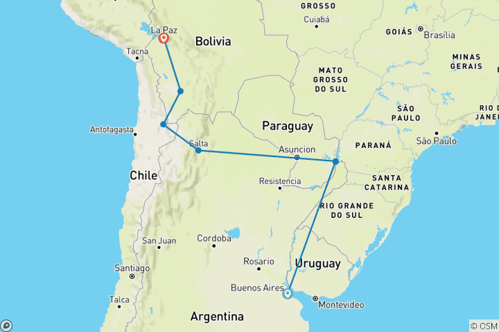 Carte du circuit De Buenos Aires à La Paz en passant par Iguazu et Uyuni (20 jours)