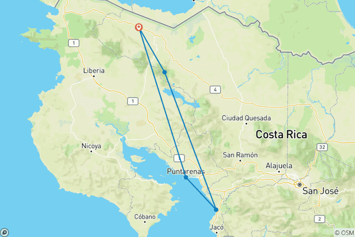 Map of Pura Vida Route - With Rental Vehicle