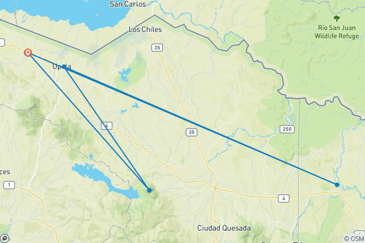 Mapa de Escapada Natural en Costa Rica - Con Vehículo de Alquiler