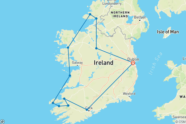 Map of Ireland's Wild Atlantic Way - 10 Days/9 Nights (12 destinations)