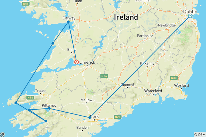 Map of Best of Ireland South (Tour B) - 7 Days/6 Nights (9 destinations)