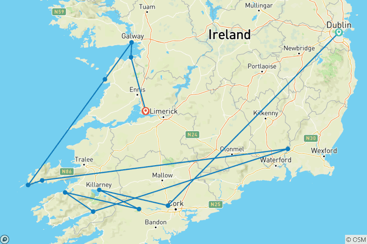 Map of Best of Ireland South (Tour D) - 6 Days/5 Nights (13 destinations)