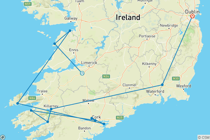 Map of Ireland South Daytripper - 8 Days/7 Nights (12 destinations)