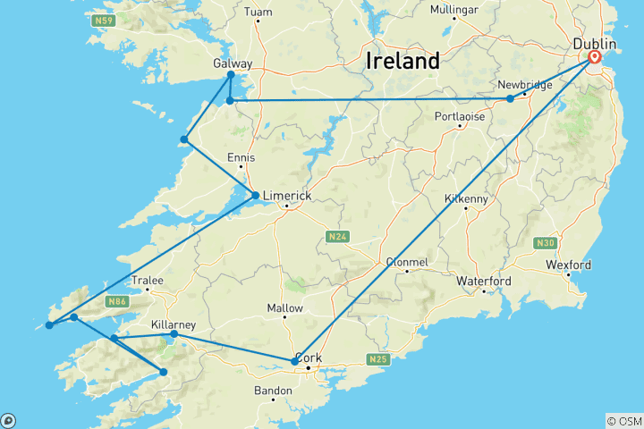 Map of Best of Ireland South (Tour A) - 8 Days/7 Nights (13 destinations)