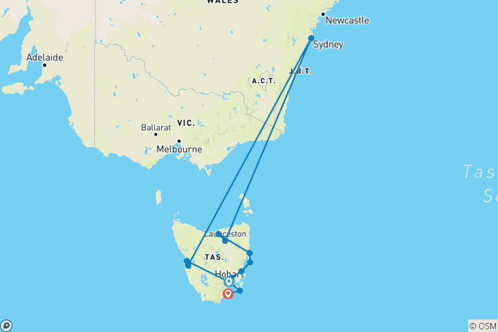 Carte du circuit Ultimate Tasmania (petit groupe, 2026/2027)