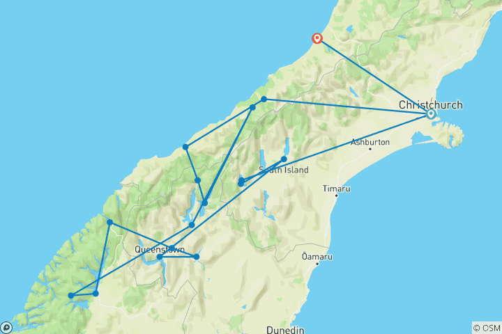 Carte du circuit La dérive australe de la Nouvelle-Zélande (petit groupe, 2027/2028)