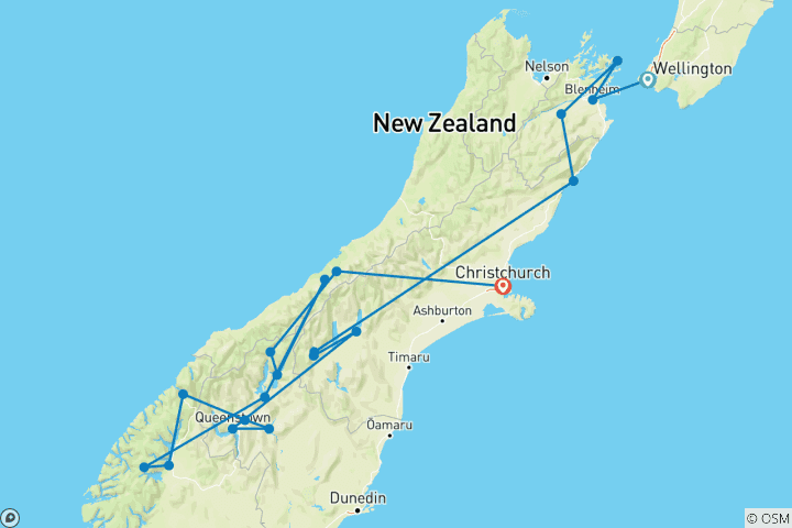 Carte du circuit Les Sons du Sud de la Nouvelle-Zélande (petit groupe)