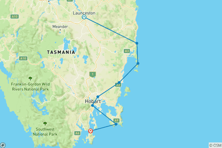 Carte du circuit La nature sauvage et le patrimoine de la Tasmanie (petit groupe, 2026/2027)