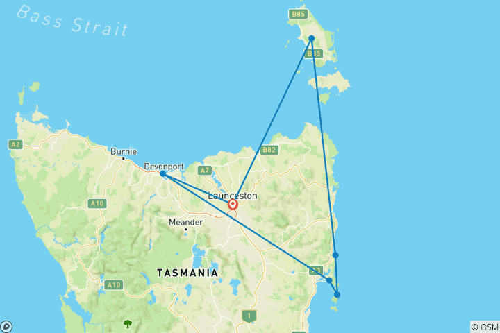 Carte du circuit Exploration de la Tasmanie et de l'île Flinders (petit groupe, 2027/2028)