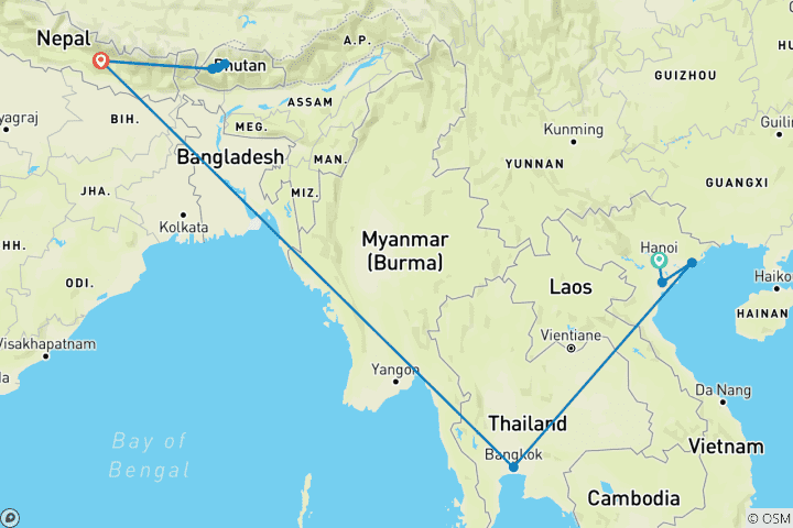 Mapa de Tesoros de Vietnam, Tailandia, Nepal y Bután en 16 días