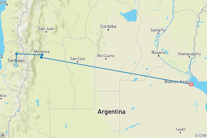 Carte du circuit L'essentiel de l'Amérique du Sud avec le Chili, la région viticole de Mendoza et Buenos Aires (de Santiago à Buenos Aires) (2026)