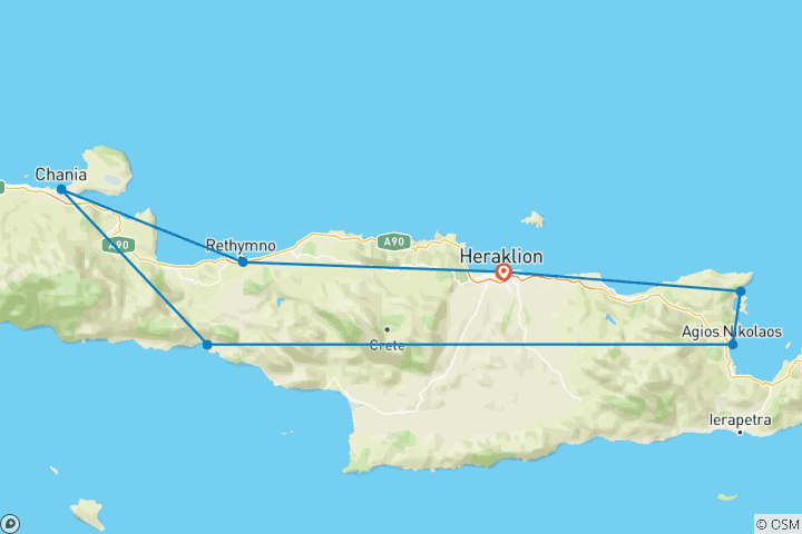 Mapa de Lista de cosas que hacer en Creta: Viaje por carretera a la playa rosa y los cañones azules (7 destinations)