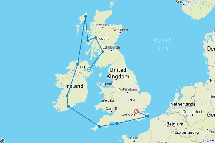 Map of British Isles & Ireland Belfast to London (Tilbury)