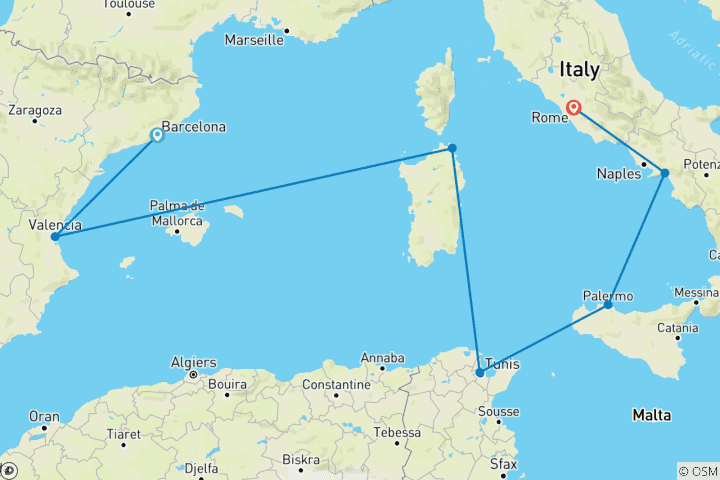 Carte du circuit Côte amalfitaine, Afrique et Ibérie Barcelone à Rome (Civitavecchia)