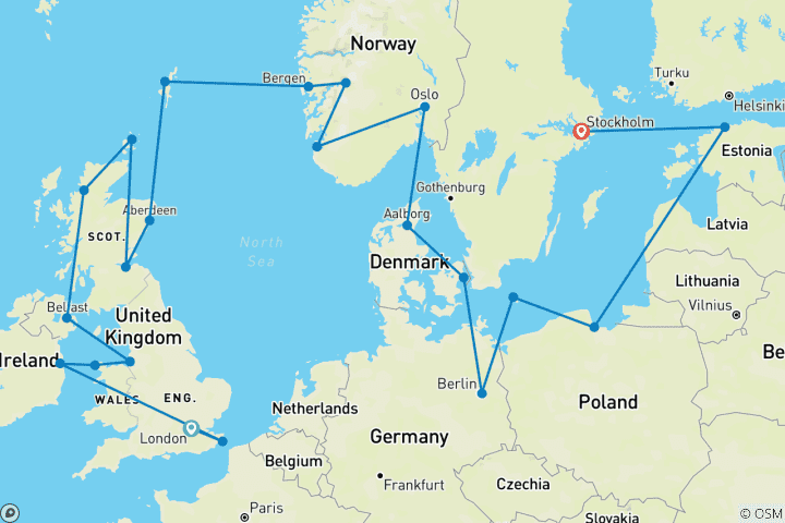 Map of Scandinavia & the British Isles London (Tilbury) to Stockholm