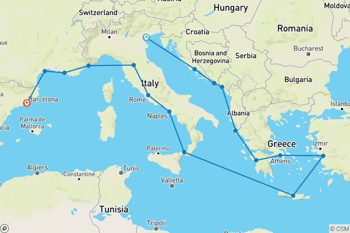 Map of Antiquities of the Mediterranean Venice (Fusina) to Barcelona