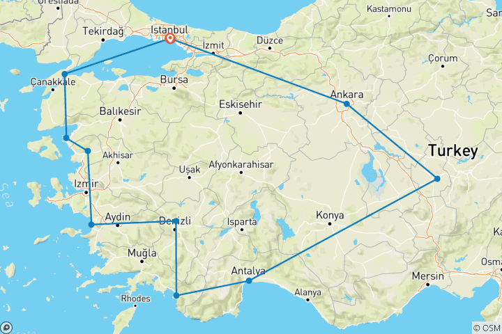 Map of Anzac 2024 Memorial Tour of Turkey - 11 days