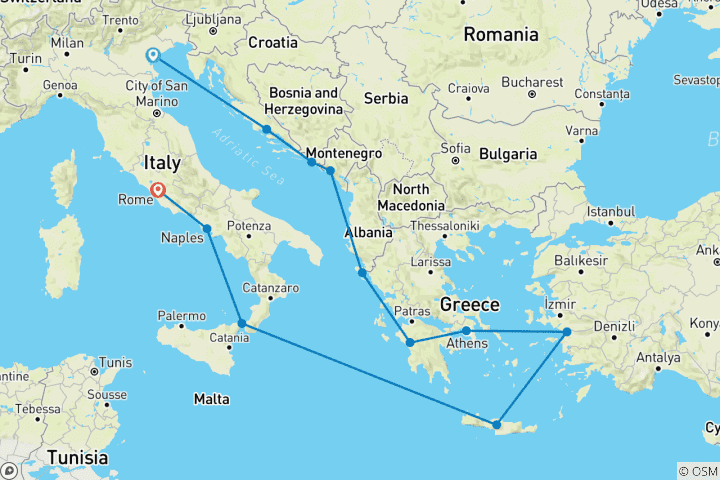 Map of Iconic Adriatic Antiquities Venice (Fusina) to Rome (Civitavecchia)