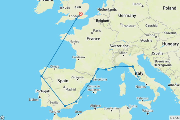 Map of Mediterranean Discoveries Rome (Civitavecchia) to London (Tilbury)