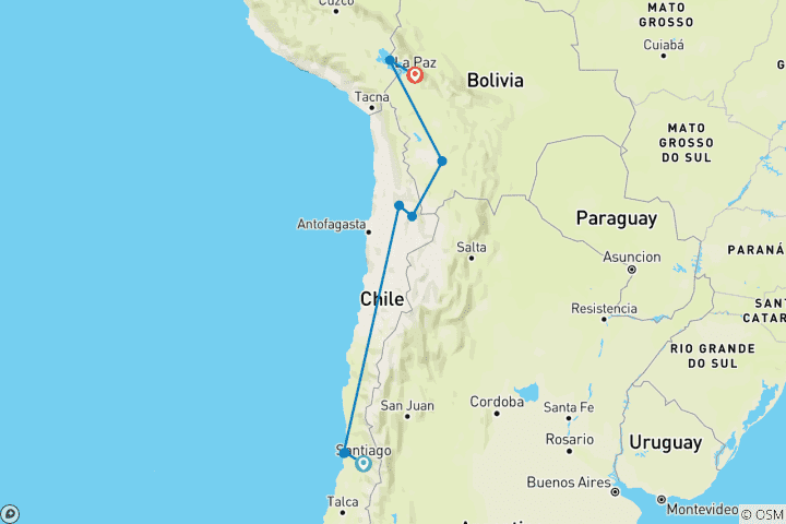 Map of Vineyards, Desert & Salt, Chile & Bolivia 11 days tour