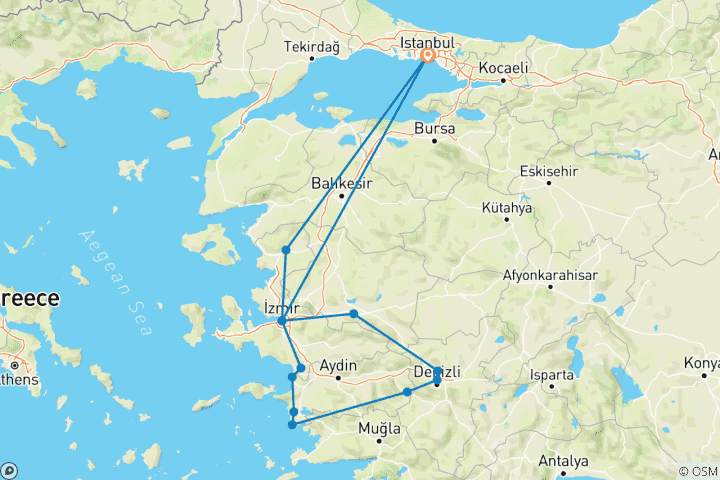 Kaart van Grieks en Romeins erfgoed van West-Turkije een 5-daagse reis naar Egeïsche kosten