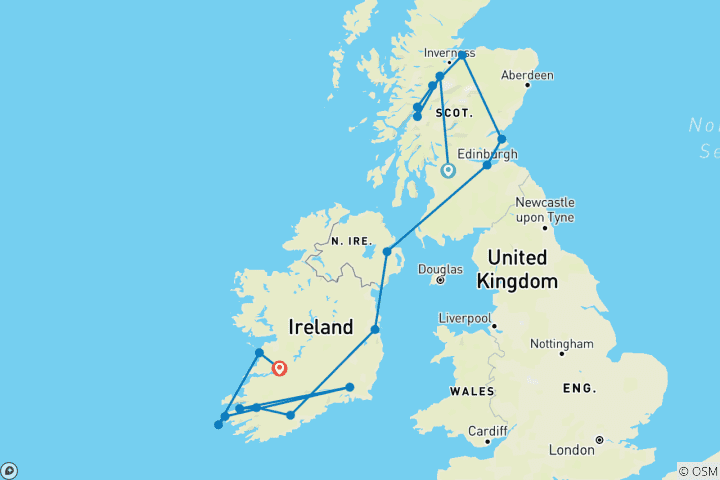 Carte du circuit Goût de l'Écosse et de l'Irlande - 10 jours/9 nuits (18 destinations)