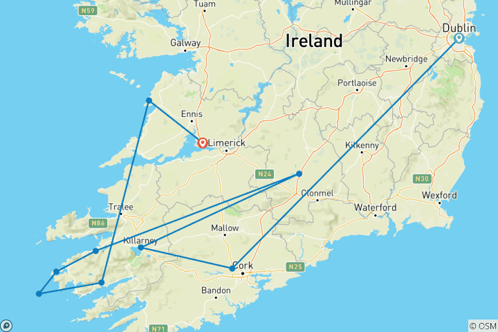 Map of Taste of Ireland (Tour B) - 6 Days/5 Nights (10 destinations)