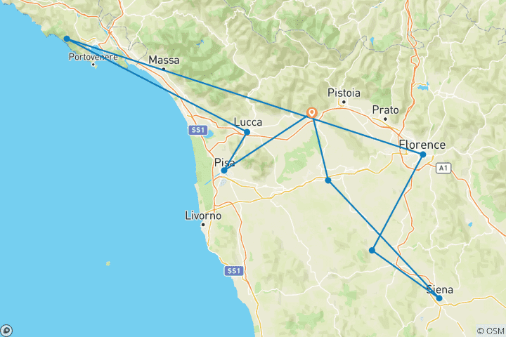 Map of Tuscan Treasures with Cinque Terre - 8 Days/7 Nights (9 destinations)